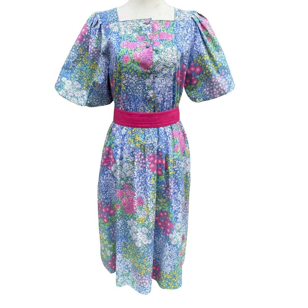 Petites by Willi Vintage Floral Puff Sleeve Midi Dress Blue Pink Size 4 USA Made